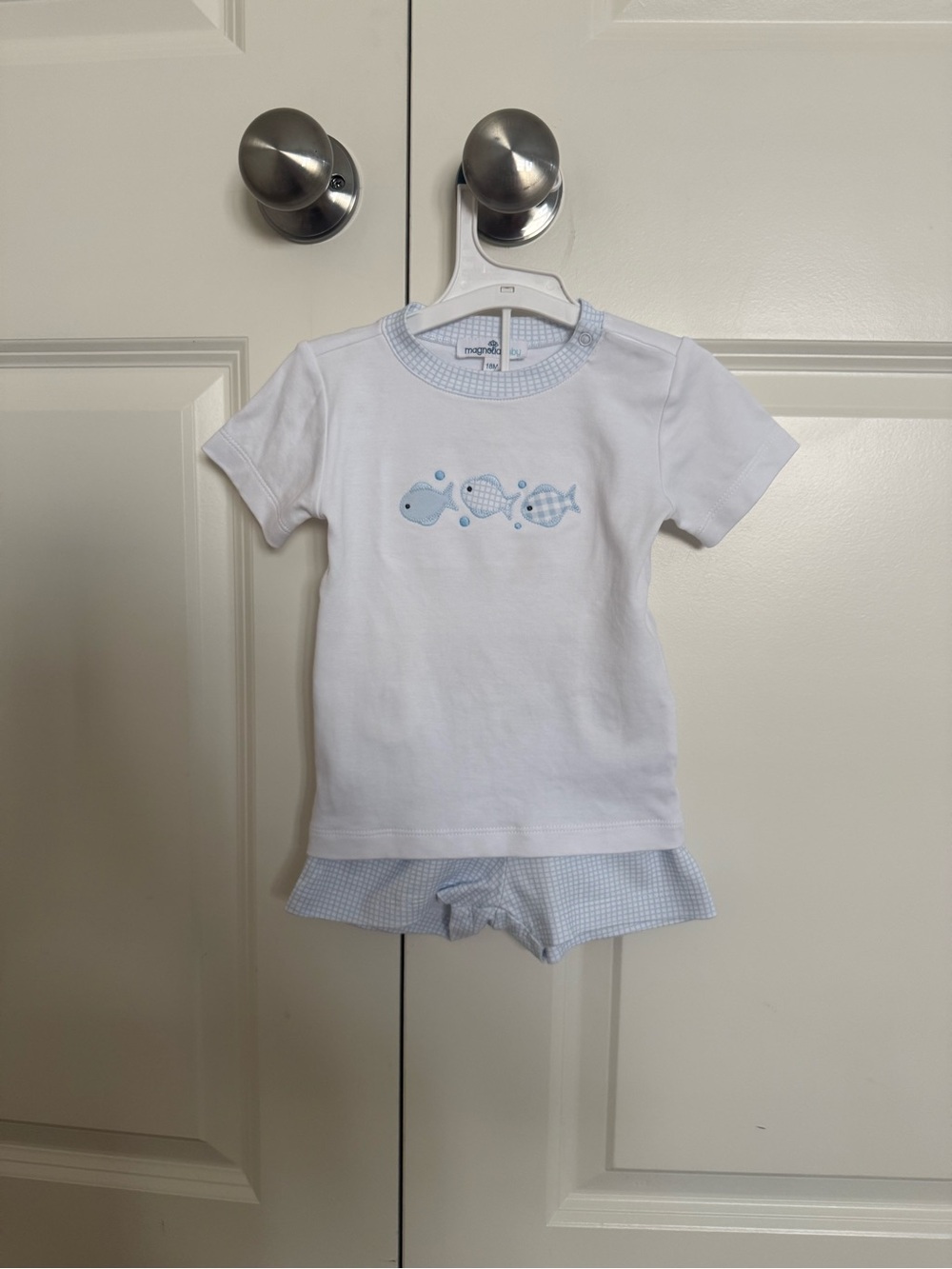 Magnolia Baby White Tee with Light Blue Fish Motif and matching shorts